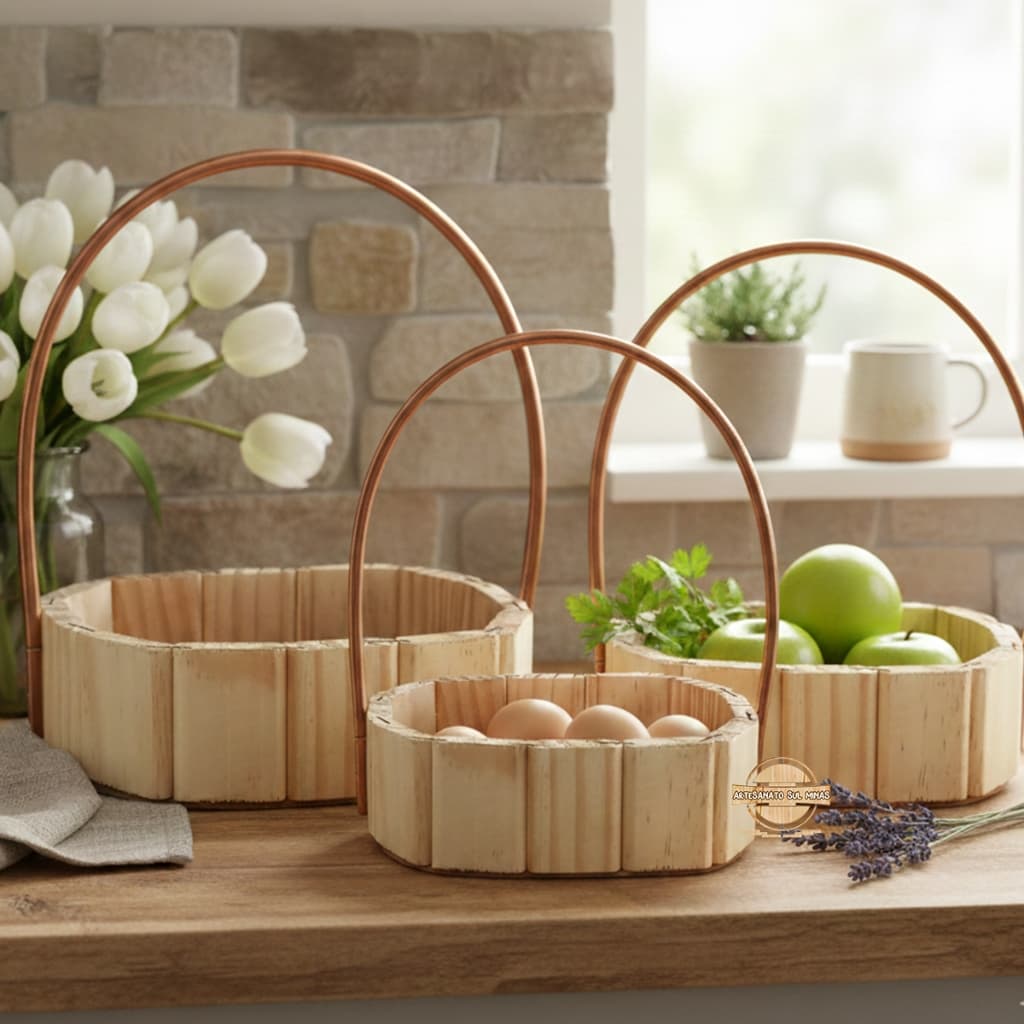 12un Cesta Oval Premium 28cm/ 22cm/ 15cm de Madeira Alça