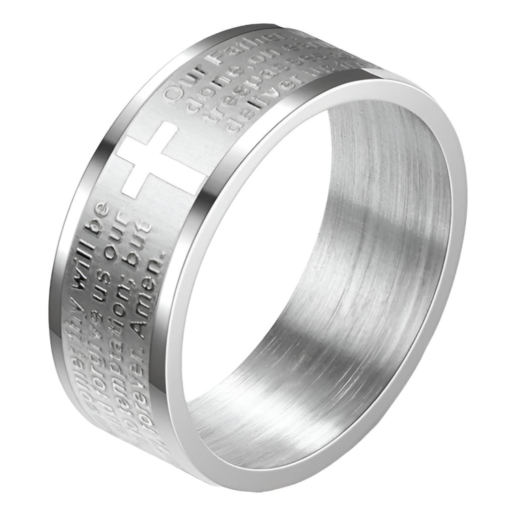 Anel Pai Nosso Religioso Reto 8mm Prateado Aço Inoxidável Religião Avulso