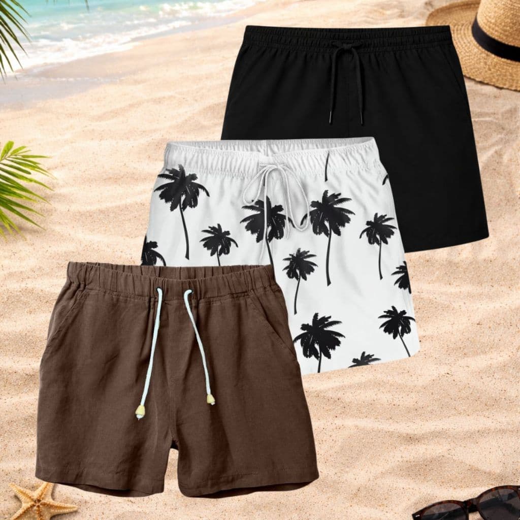 Kit 3 Short Tactel Liso, Linho e Short Tactel Estampado Moda Praia Masculino Bermuda Lisa