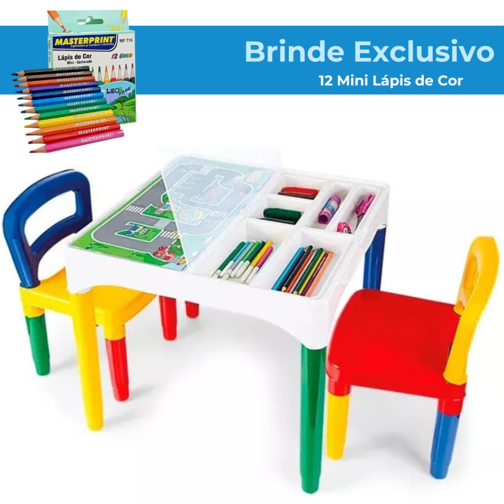 Mesinha Mesa Infantil Didática com 2 Cadeiras Poliplac + Brinde Mini Lápis de Cor