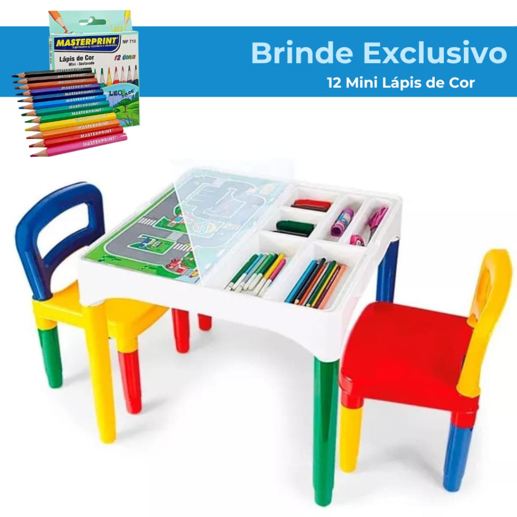 Mesinha Mesa Infantil Didática com 2 Cadeiras Poliplac + Brinde Mini Lápis de Cor