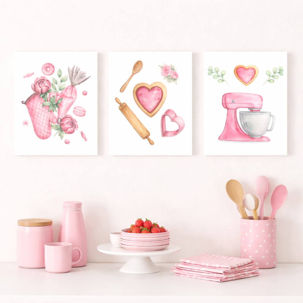 kit 3 Quadros Confeitaria Boleira Decoração Cozinha Retrô Rosa Placas MDF Custo Beneficio Fofo