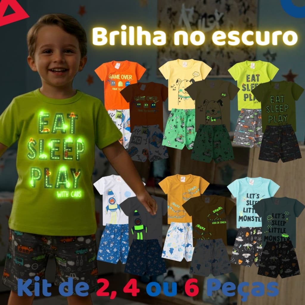Kit de 2, 4 ou 6 Peças Pijama Infantil Brilha no Escuro Menino Verão Roupa Infantil Masculino