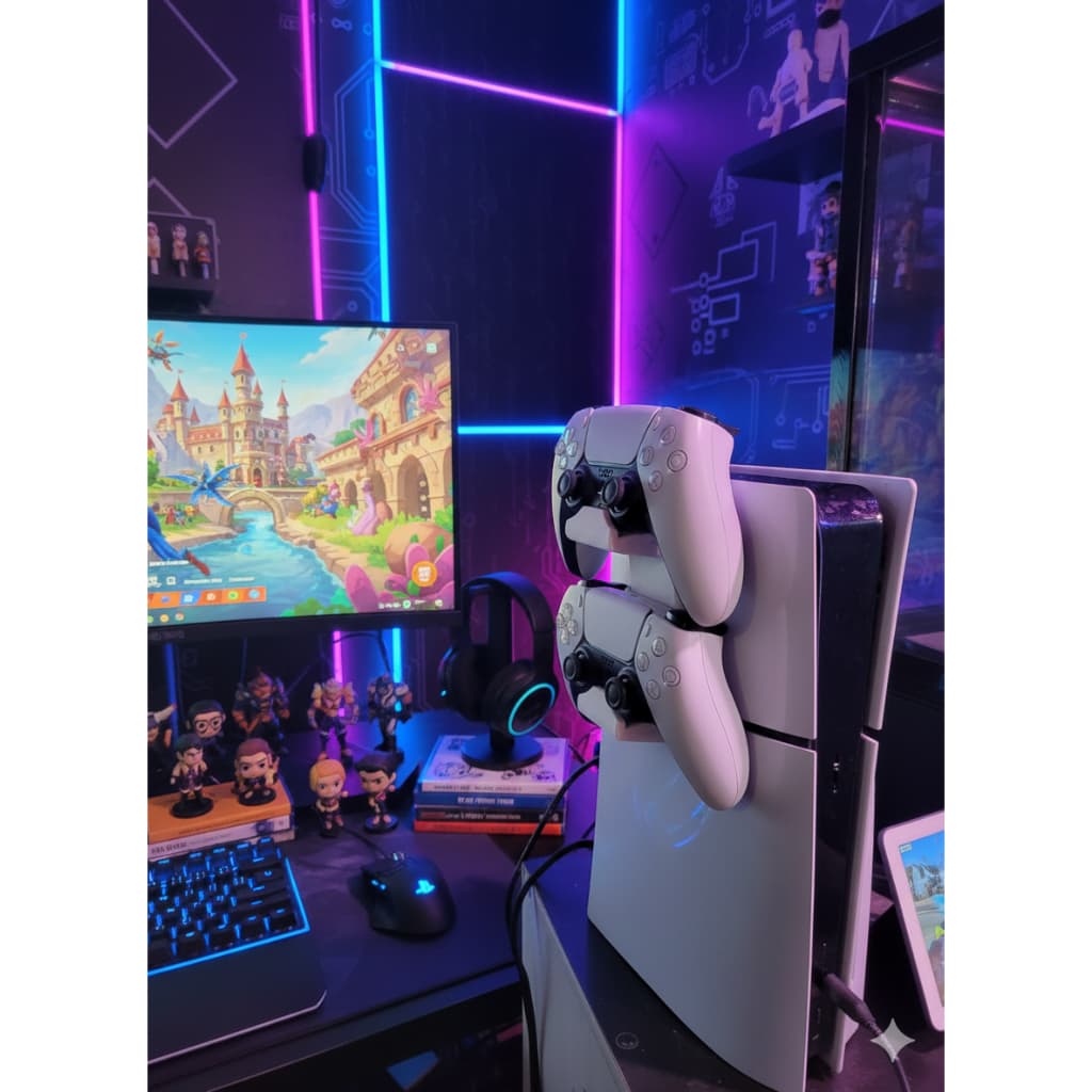 Suporte Duplo para Controles PS5 e Xbox | Organizador Gamer Vertical de Mesa | Design Moderno e Resistente
