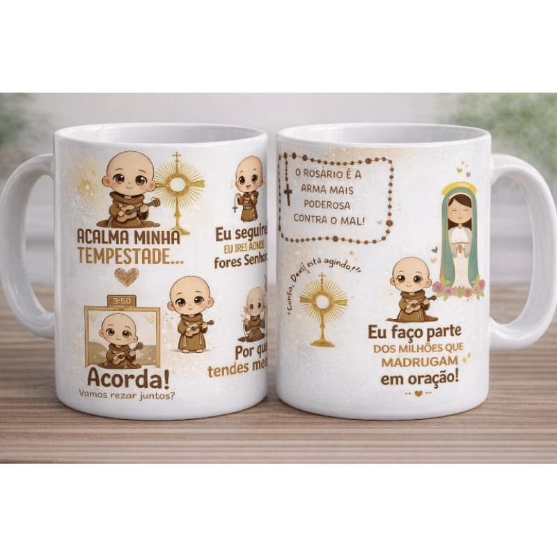 Caneca De Porcelana 325ml Frei Gilson - Quaresma Rezando na Madrugada - Caneca Personalizada