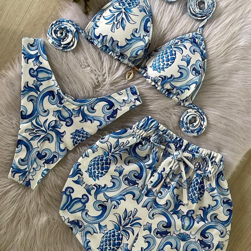 Conjunto Biquíni Cortininha + Shortinho | Look Feminino Praia Verão Colorido Fundo do Mar