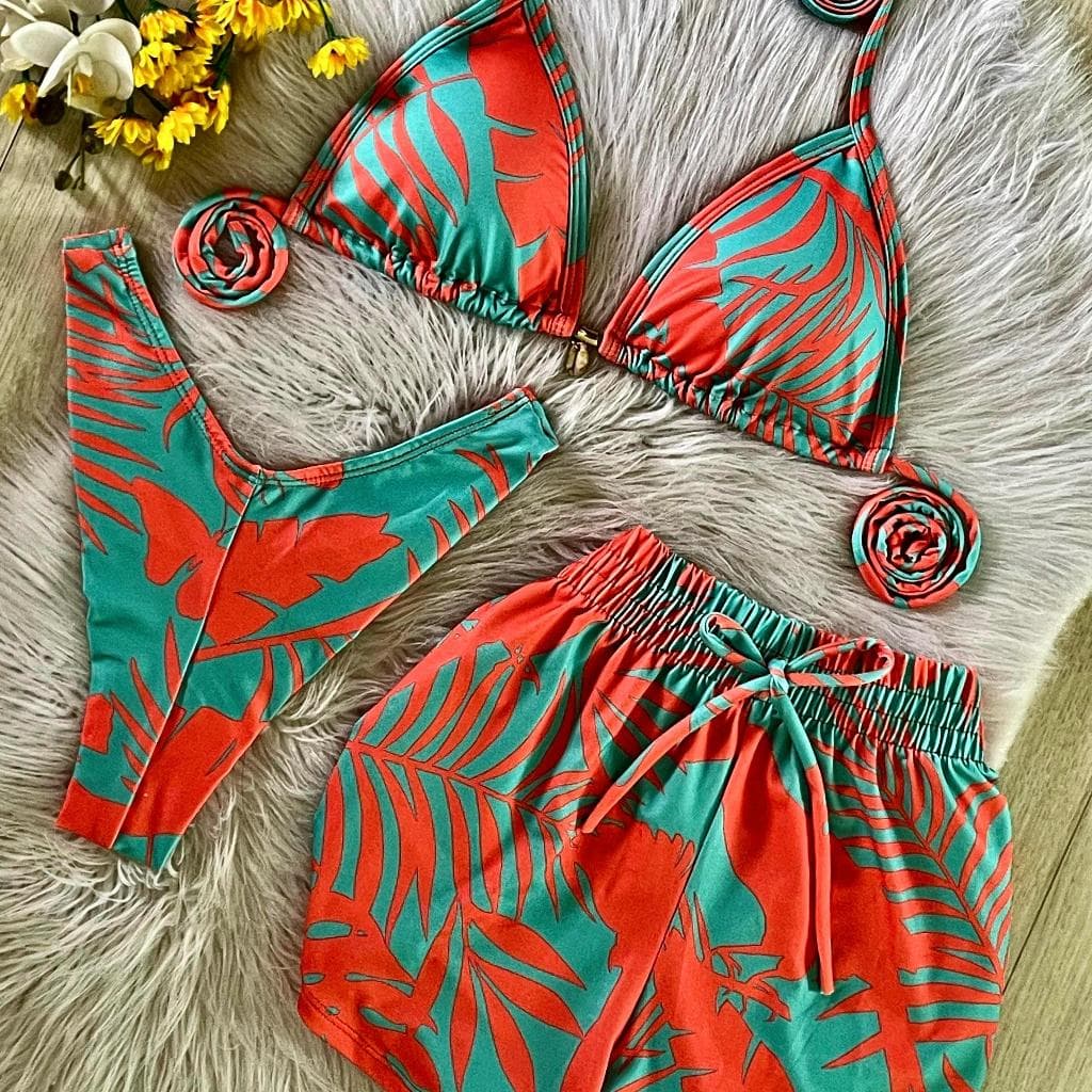 Conjunto Biquíni Cortininha + Shortinho | Look Feminino Praia Verão Colorido Turquia