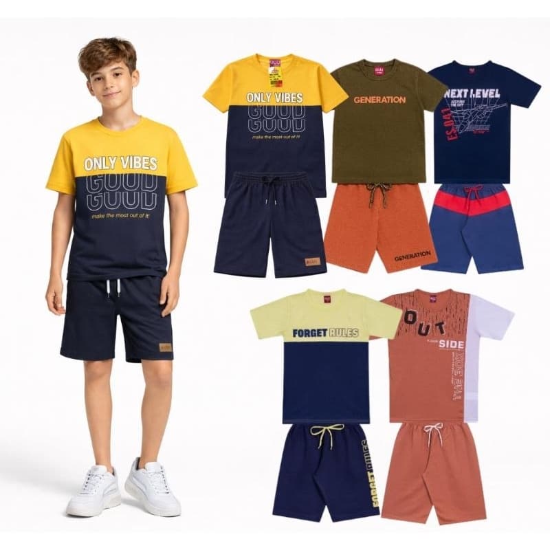 10 Peças de Roupa Menino Verão - Conjunto Juvenil Masculino - 5 Camisetas e 5 Bermudas