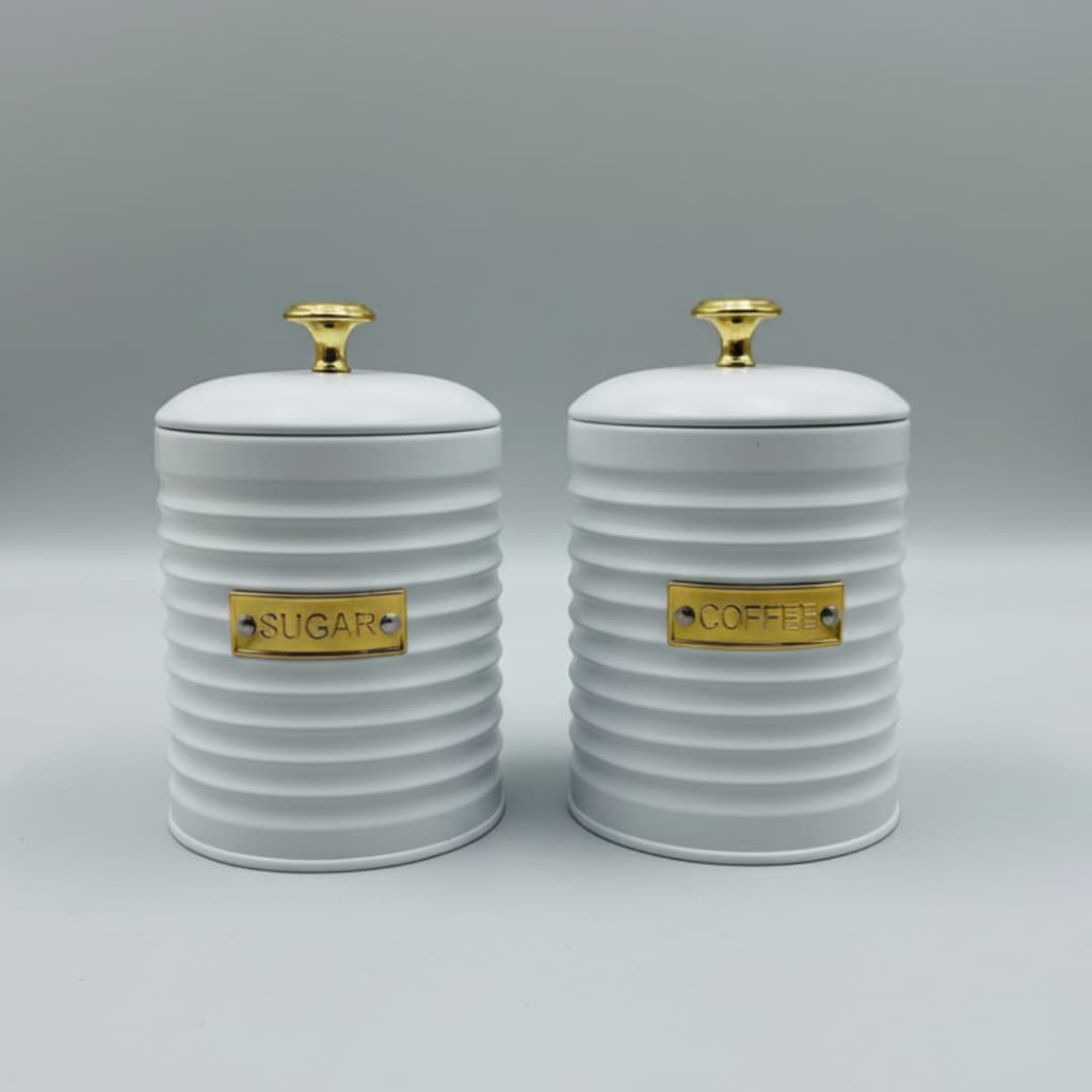 Kit Porta Açúcar E Café De Metal Branco C Design Frisado e Tampa Her