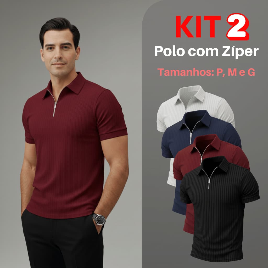 Kit 2 Camiseta Polo Com Ziper Manga Curta Canelada Camisa Básica Malha