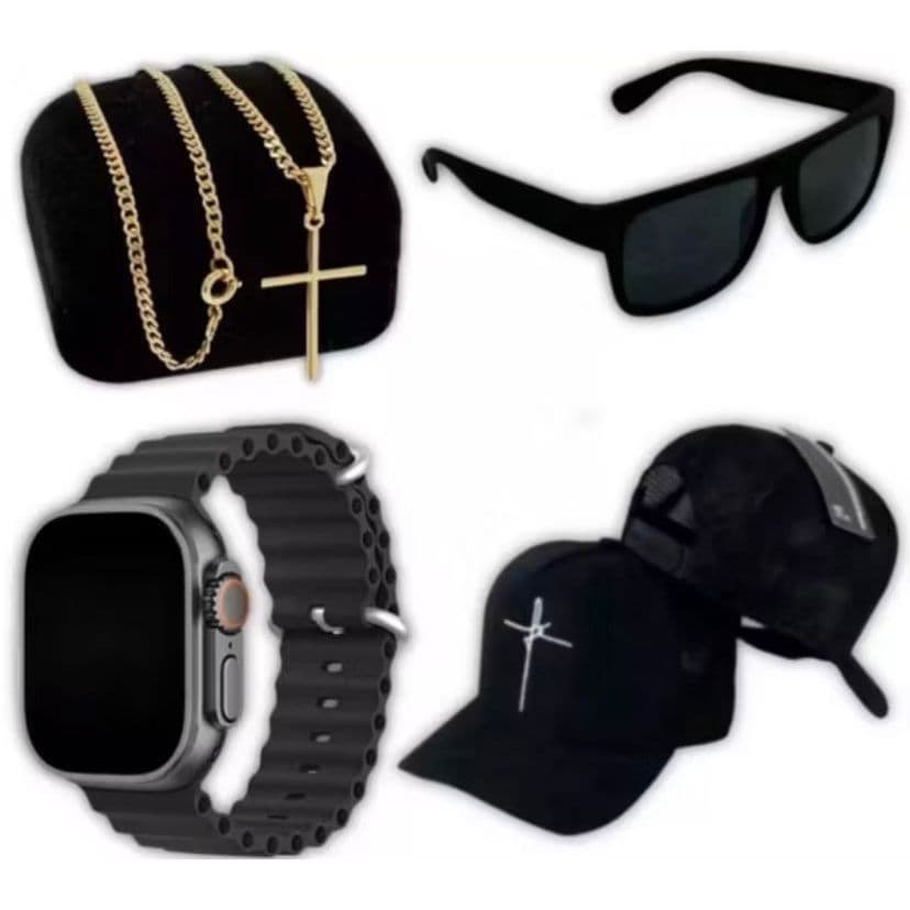 Kit Masculino Presente Relógio Digital Premium + Óculos Premium + Corrente Cruz + Boné Fé Grife
