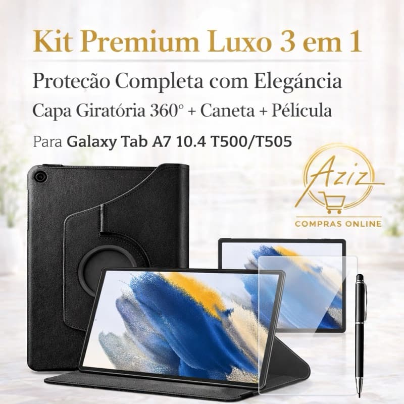 Kit Completo Premium Galaxy Tab A7 10.4 T500/T505 –Capa Giratória 360° +Película Protetora +Caneta 2 em 1(Escreve+Touch)