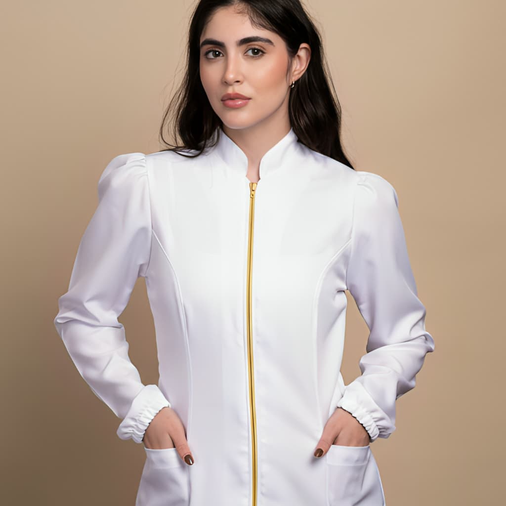 Jaleco Feminino Manga Bufante e Zíper Dourado Personalizado