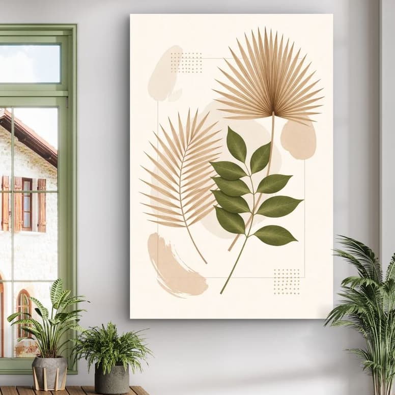 Quadro Decorativo 80x110cm Folhas Minimalistas Bege Decoração de Parede Hall Luxo Sala Quarto MDF