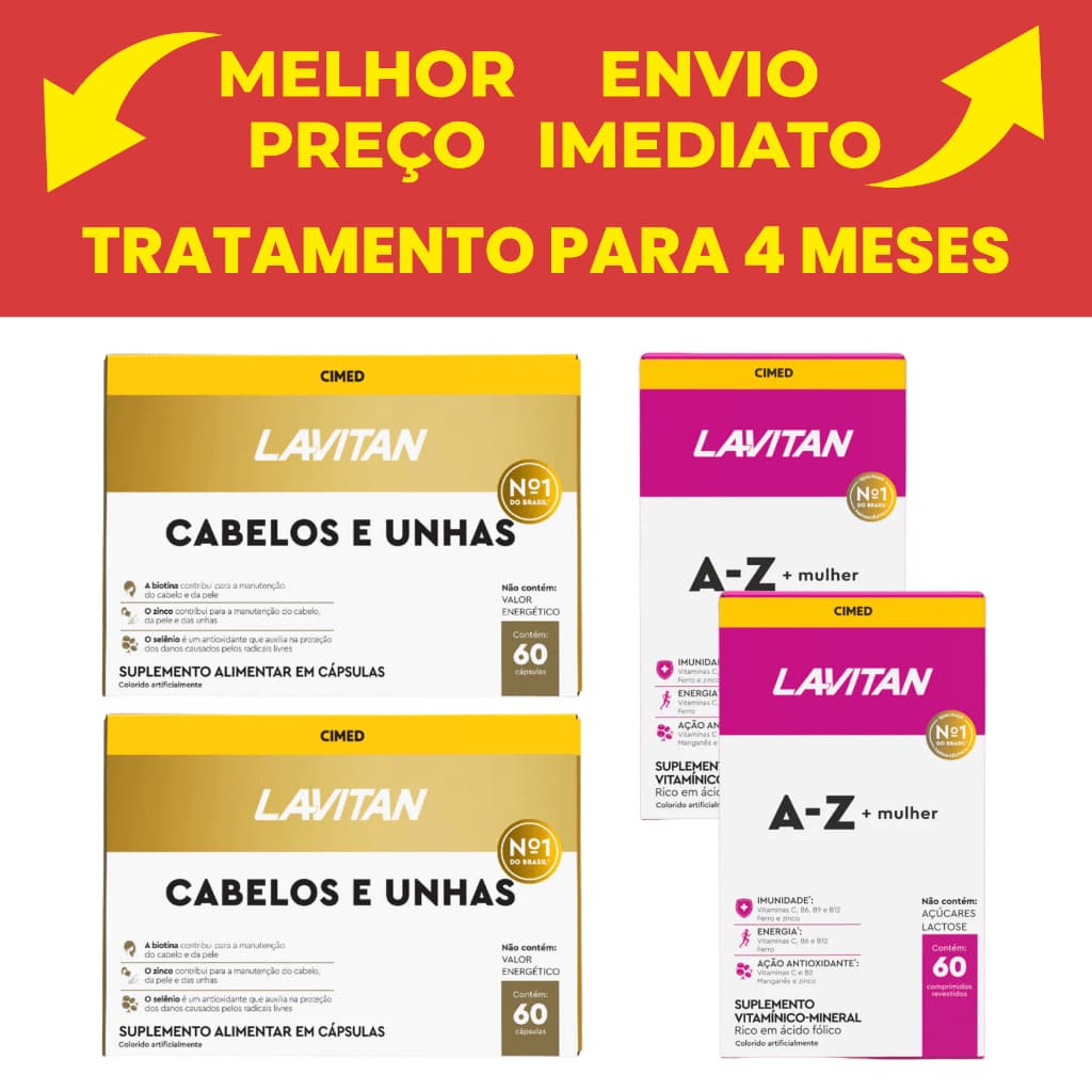 Kit 2 Lavitan Hair Cabelos E Unha  com Biotina Cimed 60 Cápsulas + 2 Lavitan Mulher c/60