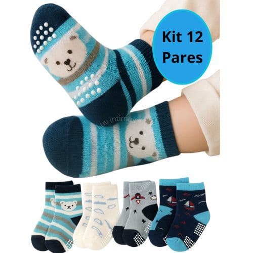 Kit 12 Pares Meias Infantil Menino Antiderrapante Bebê