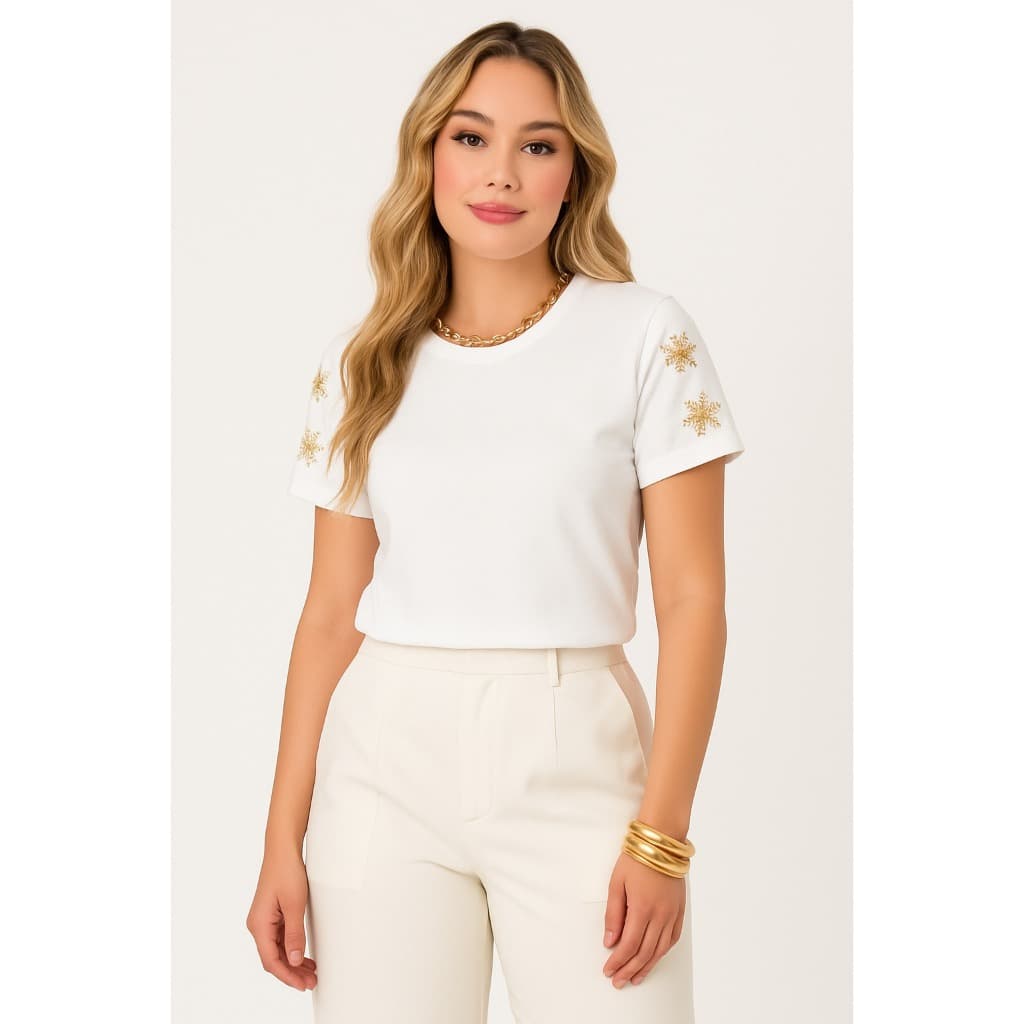 CAMISETA FEMININA - FLOCOS DE NEVE NA MANGA PREMIUM