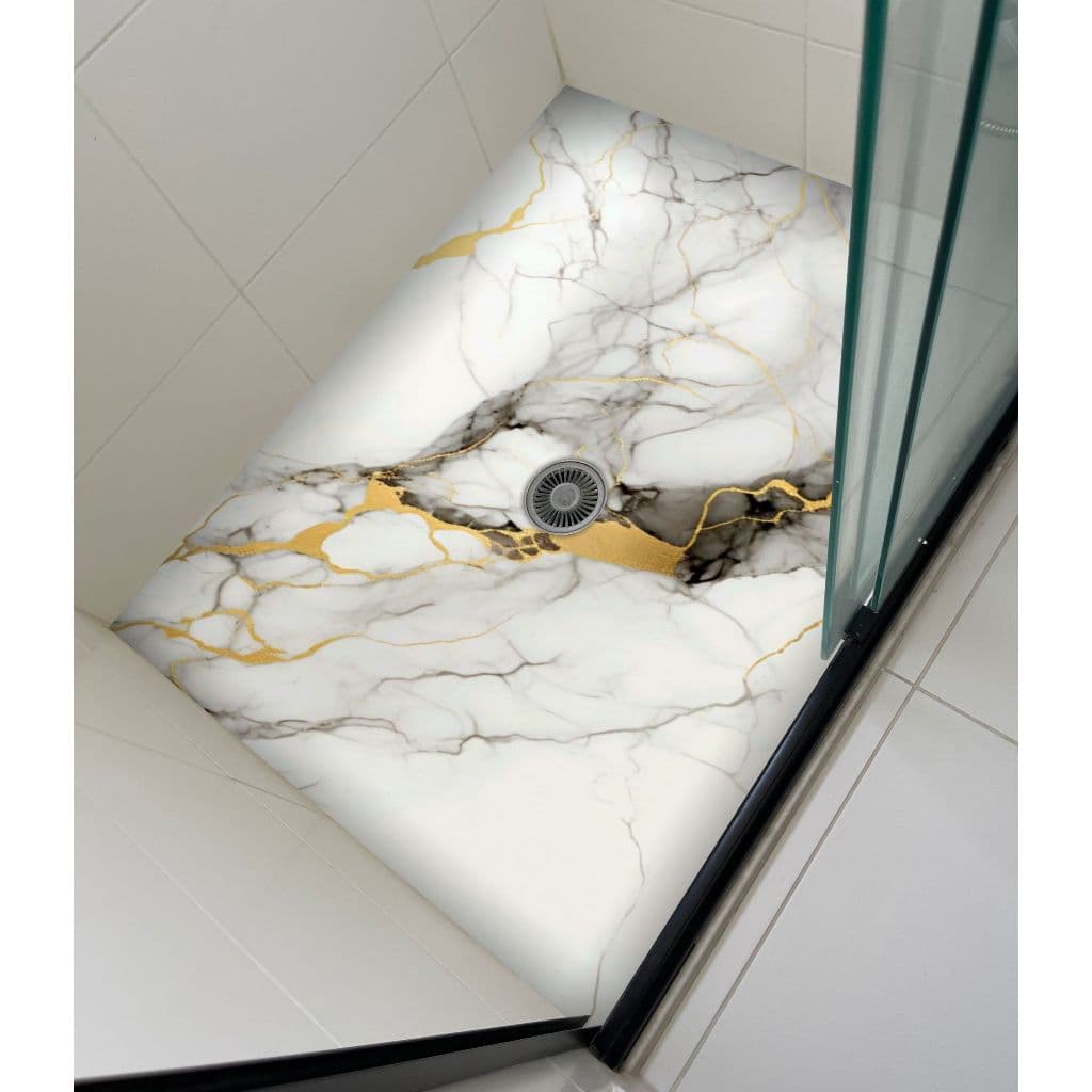Adesivo para Box Banheiro Mármore Branco Preto e Dourado – Design Premium