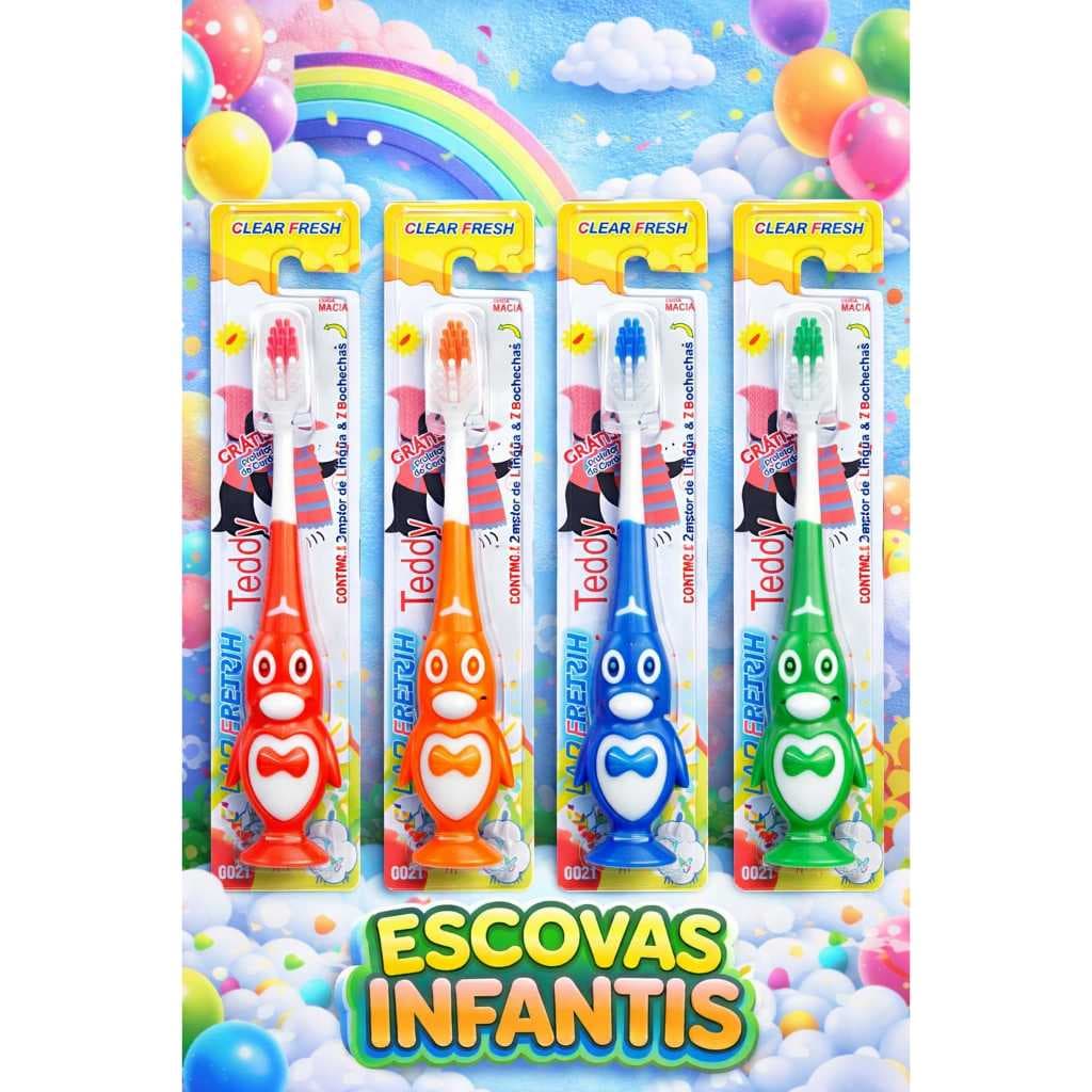 Kit 4 Escovas de Dente Infantil/Adulto Bebê e Criança Higiene Bucal - Limpeza Divertida