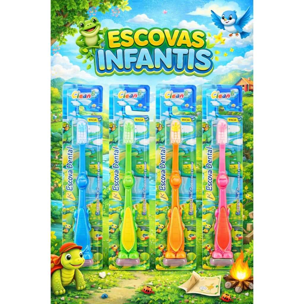 Kit 4 Escovas de Dente Infantil/Adulto Bebê e Criança Higiene Bucal - Limpeza Divertida