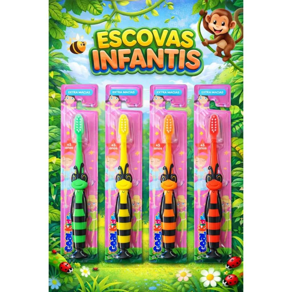Kit 4 Escovas de Dente Infantil/Adulto Bebê e Criança Higiene Bucal - Limpeza Divertida