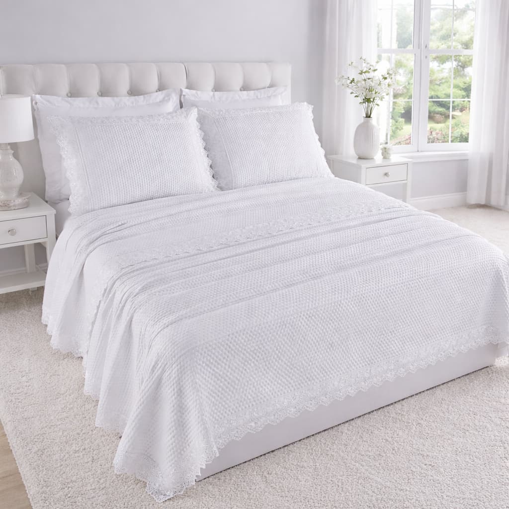 Kit Colcha Cobre Leito Cama Queen 3 peas percal 300 Fios com Bordado MADRI Branco