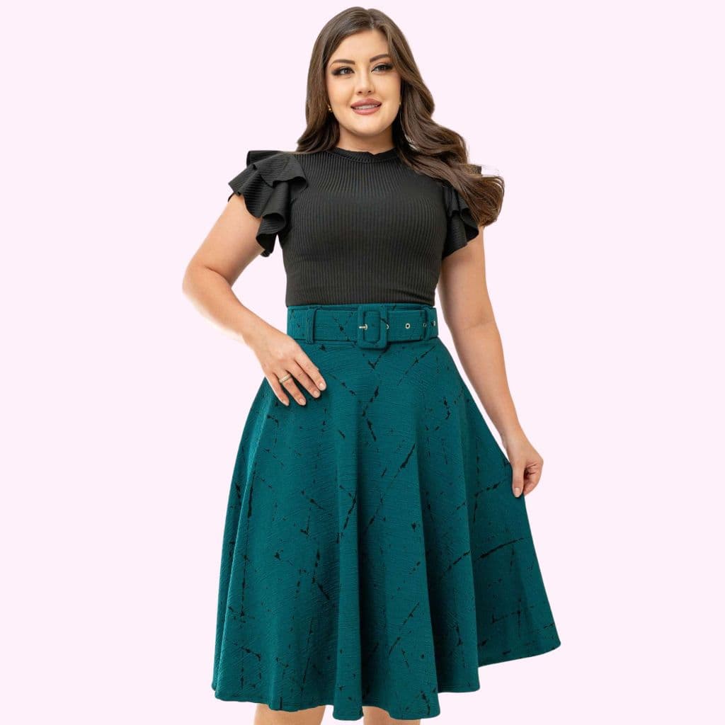 Saia Midi Godê Jacquard com Relevo com Cinto Moda Evangélica - Modelo MAJU