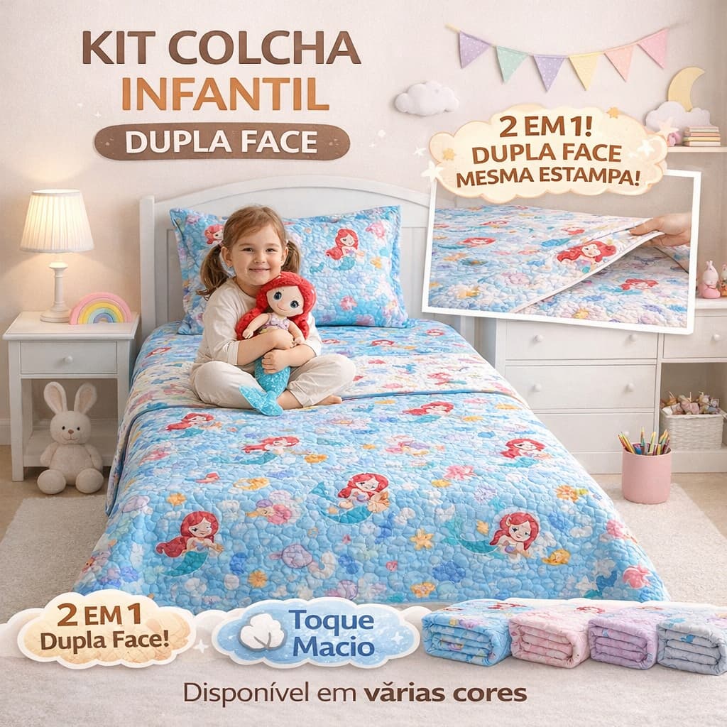 Kit Colcha Infantil Solteiro Menina Dupla Face Matelado 2 Peças 1,60x2,40 Toque Macio