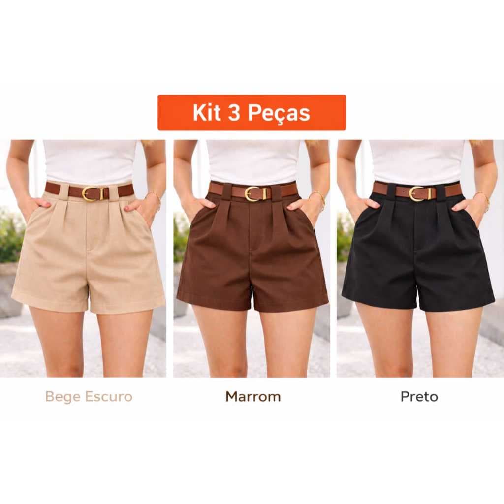 kit 3 Shorts Cintura Alta Alfaiataria Feminina Social com Cinto de couro marrom