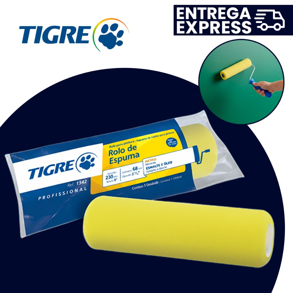 Rolo de Espuma Tigre Alta Densidade 23cm 100% Poliester Pintura Rápida Uniforme Ref 1342
