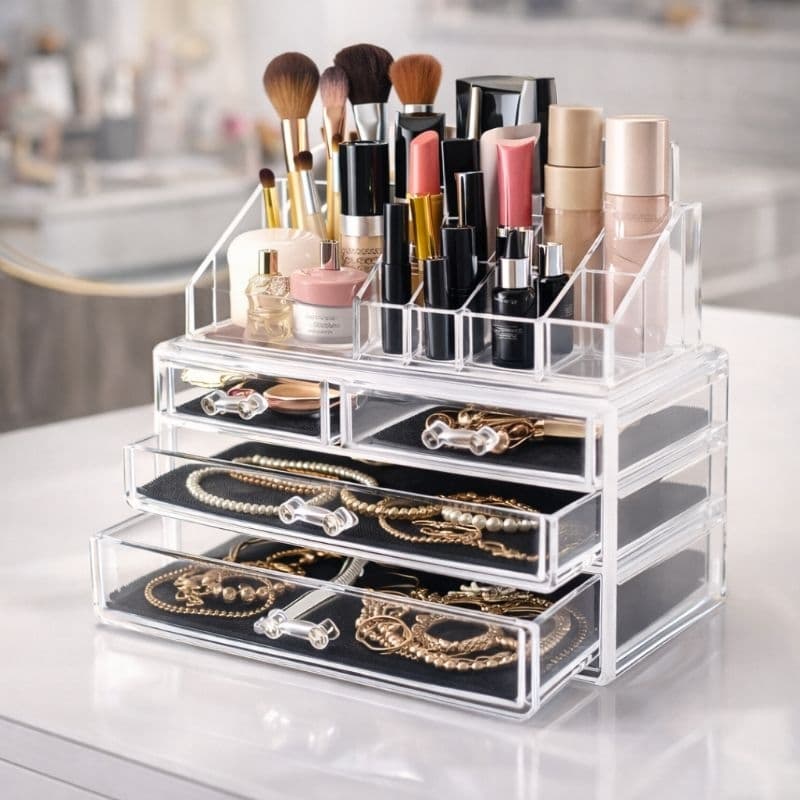 Organizador Maquiagem Acrílico 4 Gavetas: Make e Cosméticos, 16 Cavidades p/Organização Completa