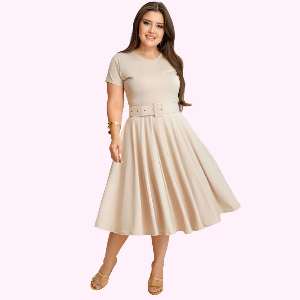 Vestido Feminino Midi Godê Moda Cristã Comportada Com Cinto