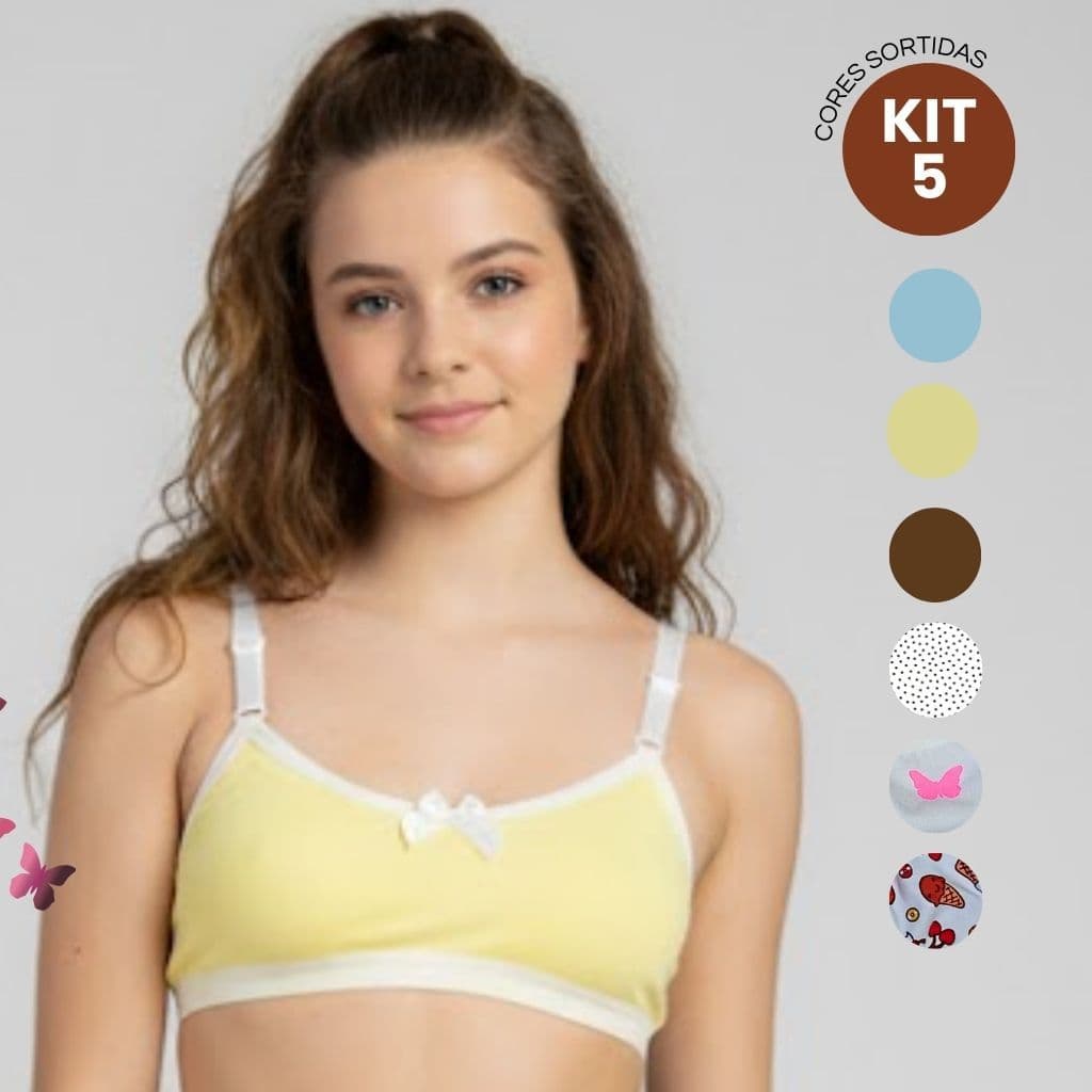 Kit 5 Sutiã Infantil Menina Algodão Juvenil Moça Sem Bojo Confortável Dia a Dia Alças Ajustáveis