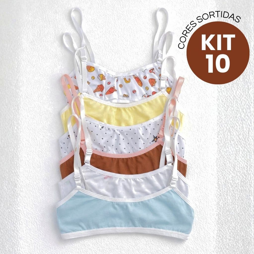 Kit 10 Top Sutiã Menina Moça Juvenil Infantil Cotton Sem Bojo Alça Regulável Confortável Dia a Dia