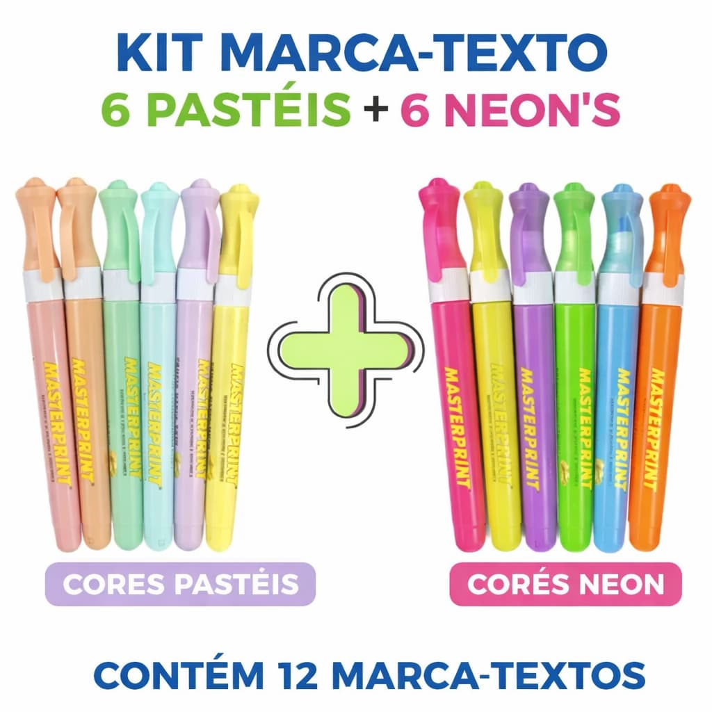 Kit 12 Caneta Marca Texto Slim (6 Neon + 6 pastel) Escolar Infantil Diversas Cores Masterprint