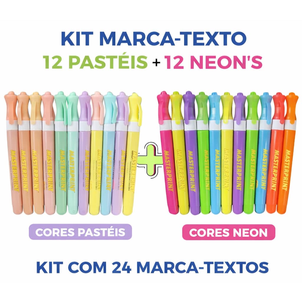 Kit 24 Caneta Marca Texto Slim (12 Neon + 12 Pastel) Escolar Infantil Diversas Cores Masterprint