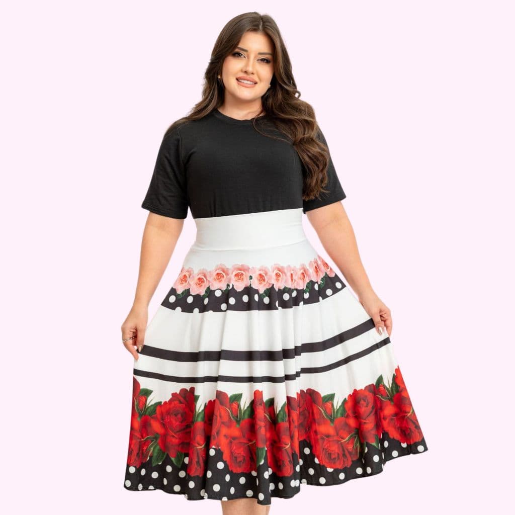 Saia Midi Suplex Estampada Sem Cinto Comportada Rodada Moda Evangélica Poa