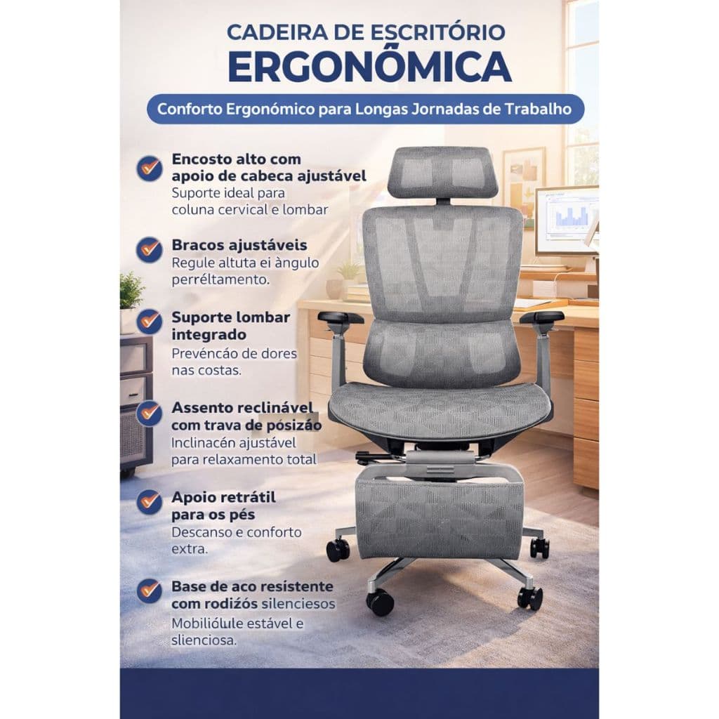 Cadeira Sophy Ergonômica Reclinável com Suporte Lombar e Assento Ajustável e Apoio para Pés Trevalla