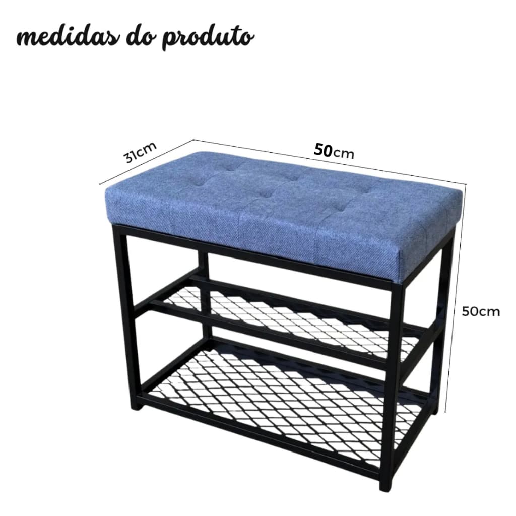 Sapateira Banco Organizador Estofado 50cm Com Tela Estrutura Preta Sala Quarto Decoração Sapatos Armazenamento