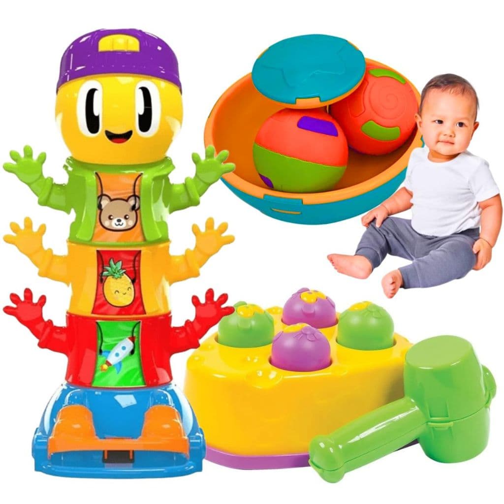 Kit Brinquedo Encaixe Educativo Didático Bola Torre Martelo Colorido