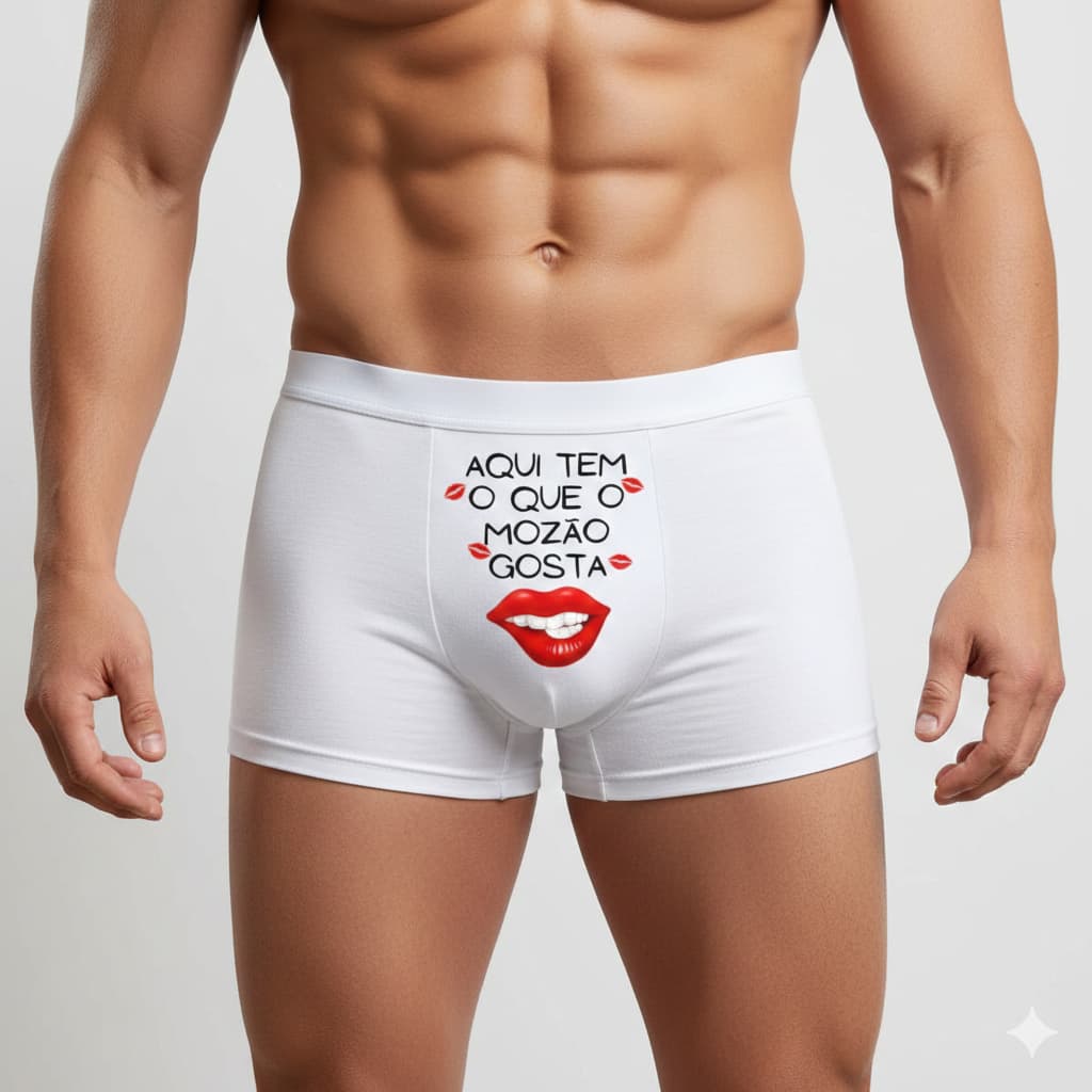 01 Cueca Boxer Branca Divertida Frase Mozão Gosta