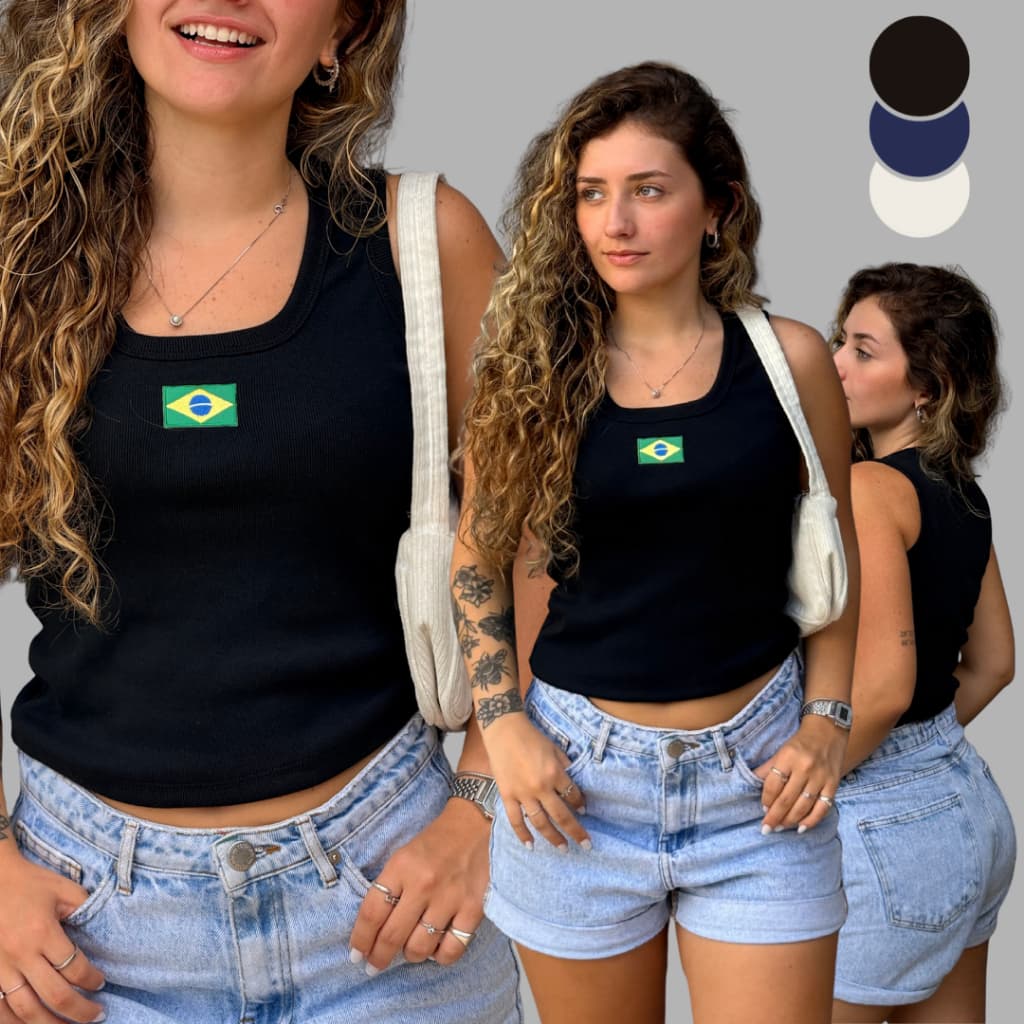 Blusa Regata Feminina Brasil Bordada Canelada Básica