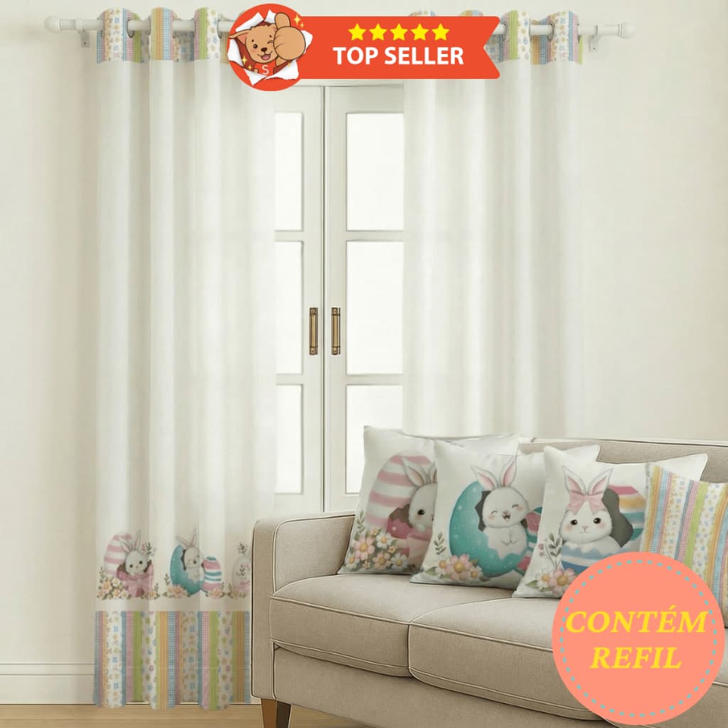 Cortina Para Sala Quarto 3,00m x 2,20m Estampada Com 4 Almofadas Cheias Decoração Páscoa Para Sala