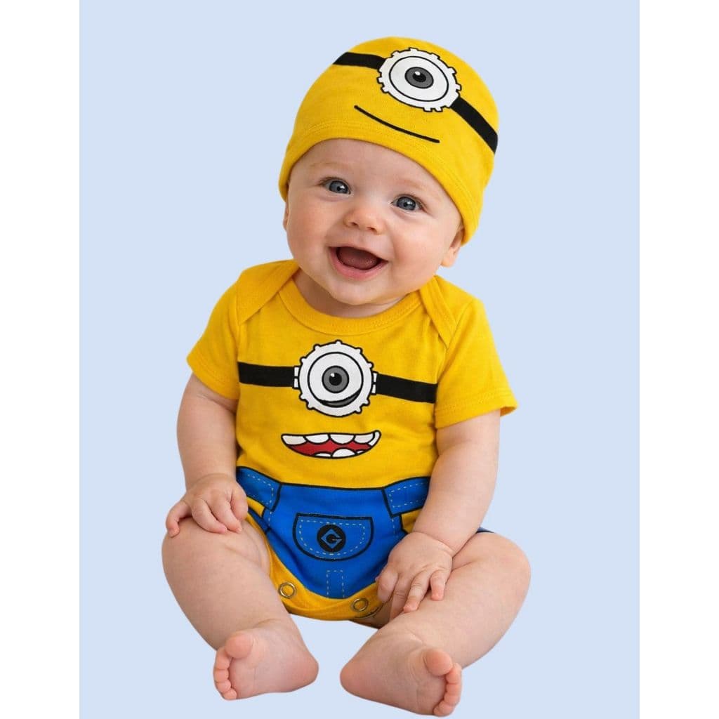 Body Bebê Minions com Touca Temático Fantasia Amarelo Conjunto Infantil Desenho Mesversário
