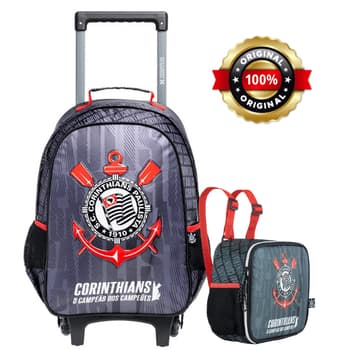 Kit Conjunto Escolar Infantil Menino Futebol Time Corinthians Timão - Mochila Rodinhas 2EM1 + Lancheira Térmica - XERYUS
