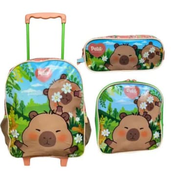 Kit de Mochila de rodinhas + Lancheira térmica + Estojo Infantil - Capivara Petit on my way - menina- Xeryus