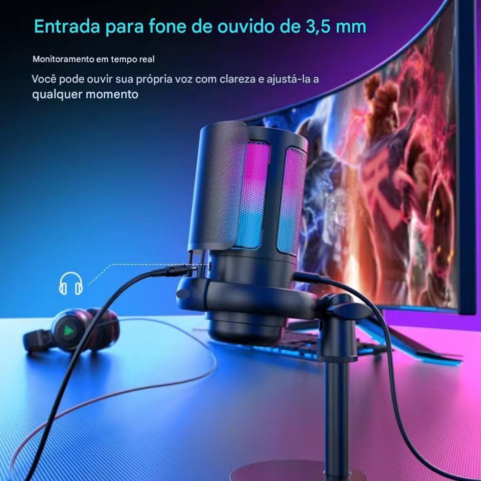 Microfone Gamer Condensador Podcast Alta Sensibilidade Rgb - Microfones e Gravadores