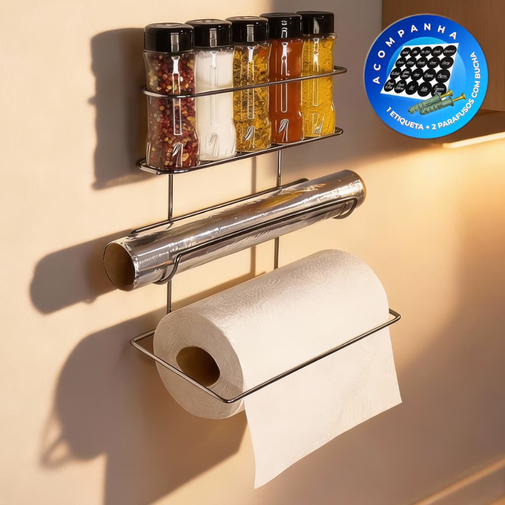 Porta Temperos Condimentos Com 5 Potes/ Porta Papel Toalha e Alumínio 1 Pç