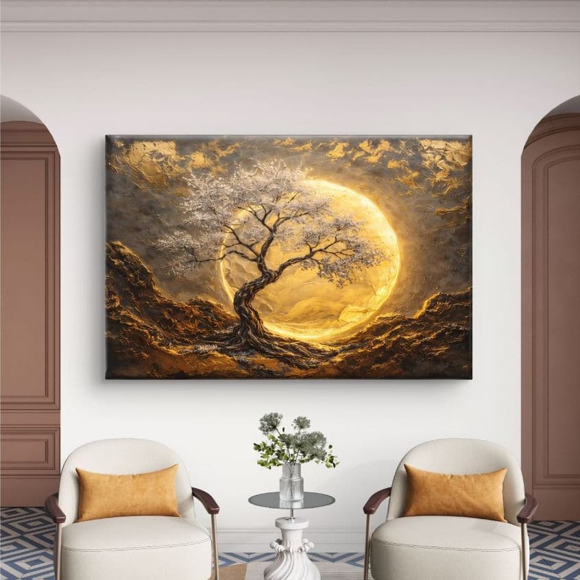 Quadros Decorativos 1 Peça MDF 110x70 Árvore Lua Abstrato Luzes Sala Quarto Moderno