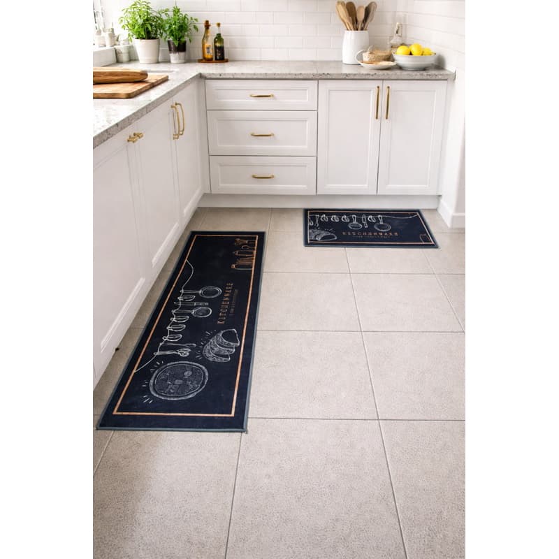 Kit Tapete Passadeira Cozinha Antiderrapante 2 Pçs Preto 118 M 40 M Geométrico